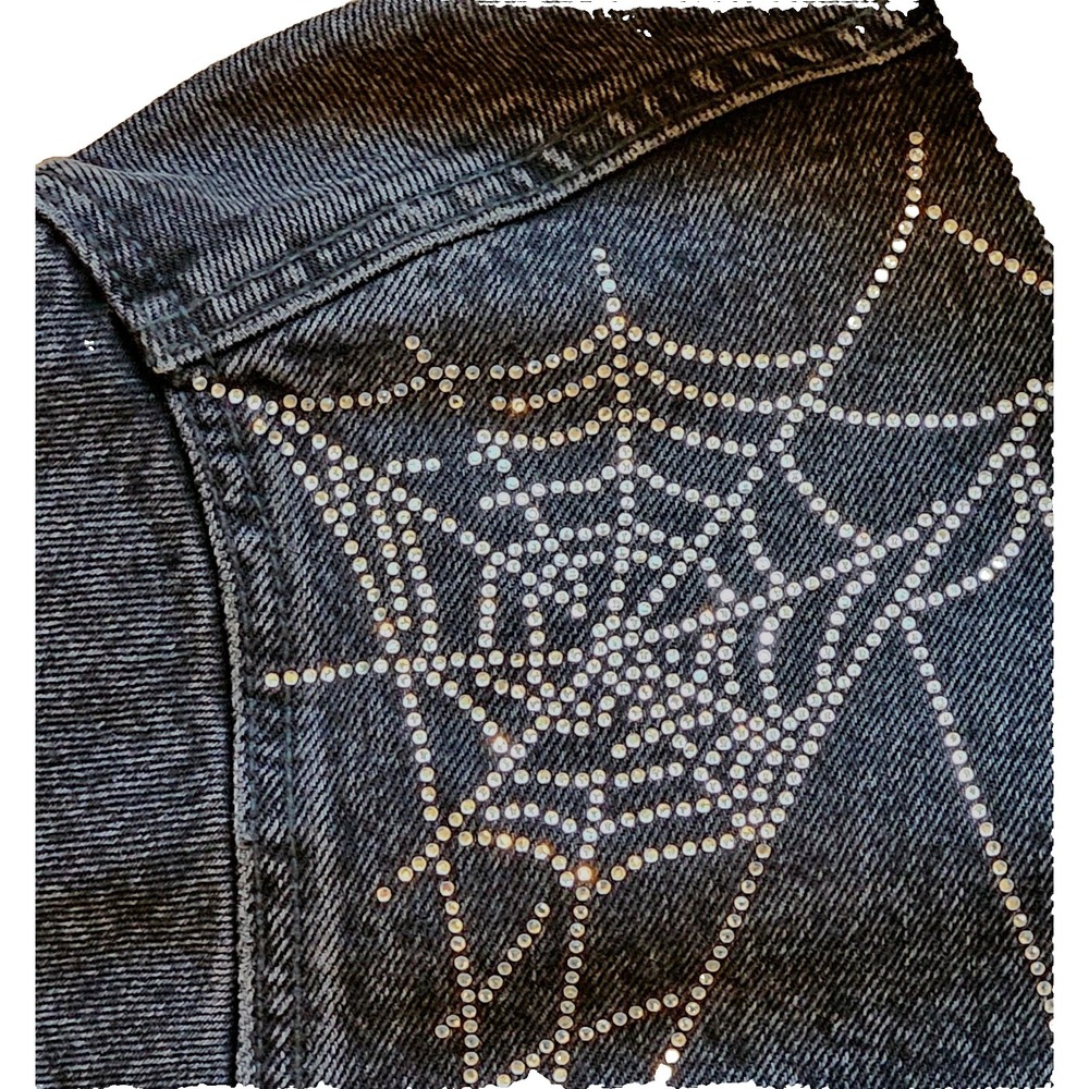 Zara Black Rhinestone Spiderweb Cropped Denim Jacket Goth Alt Y2K Medium - Picture 4 of 8